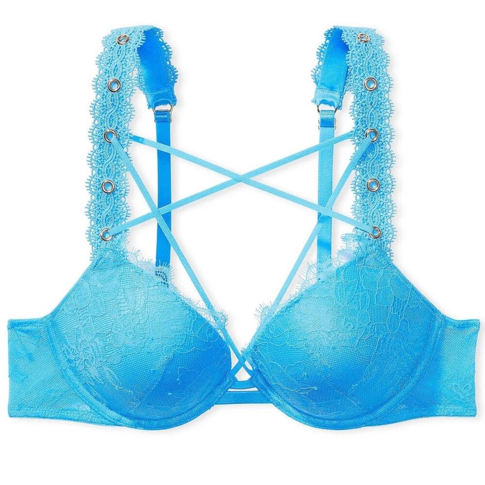 Victoria's Secret Very Sexy Rose Lace & Grommet Push-Up Bra Capri Blue 36F NEW